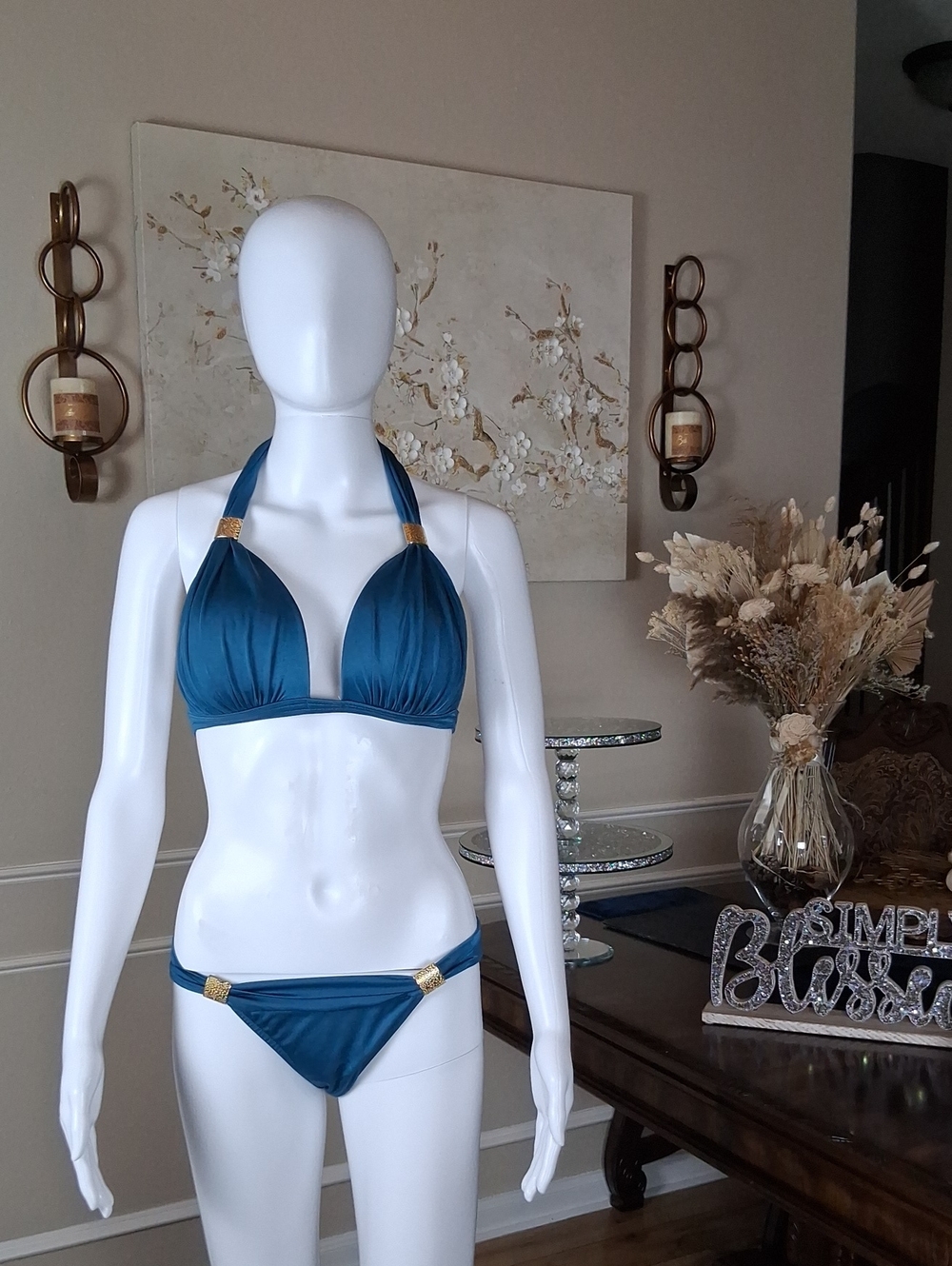 Venus Teal Blue And Gold Goddess Enhancer PushUp Bikini Set Top DD- Bottom Small - Picture 4 of 16